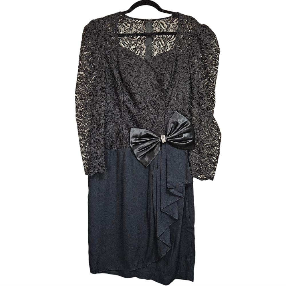 Evenings by pantagis womens black lace long sleeve bow ruffled 80s dress size M
